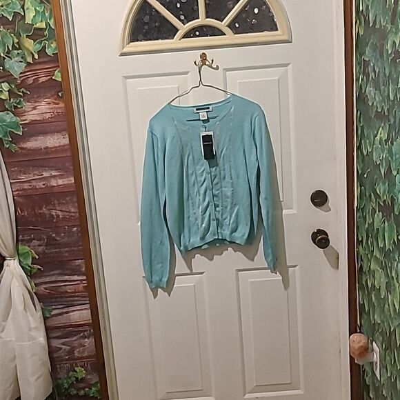 COPY - Ladies Medium Leslie Fay Mint Green Button Down Front Long Sleeve Sweater - Picture 1 of 9